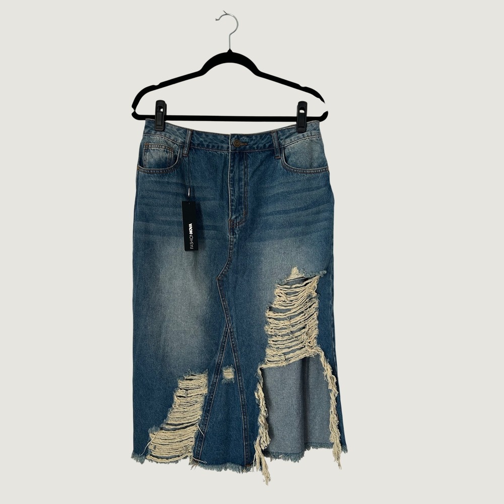 Fashion Nova Brandi Distressed Denim Midi Skirt Womens L Blue Grunge Urban Y2k